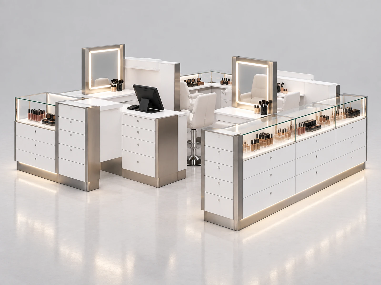 Minimal White Beauty Kiosk with Drawer Storage staff-side equipment, utilities, and storage view