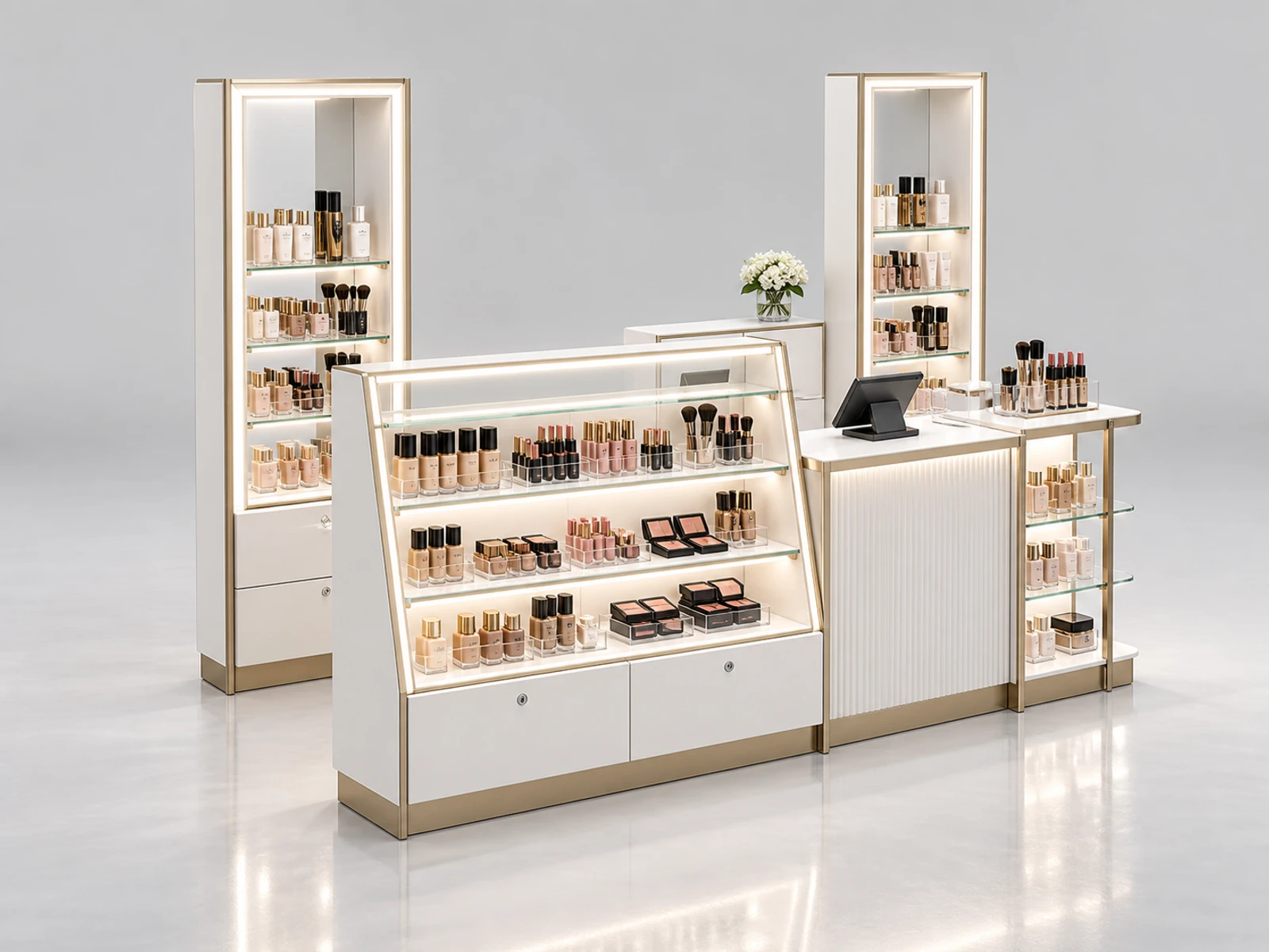 Modern White Makeup Kiosk with Mirror Product Towers main three-quarter product view