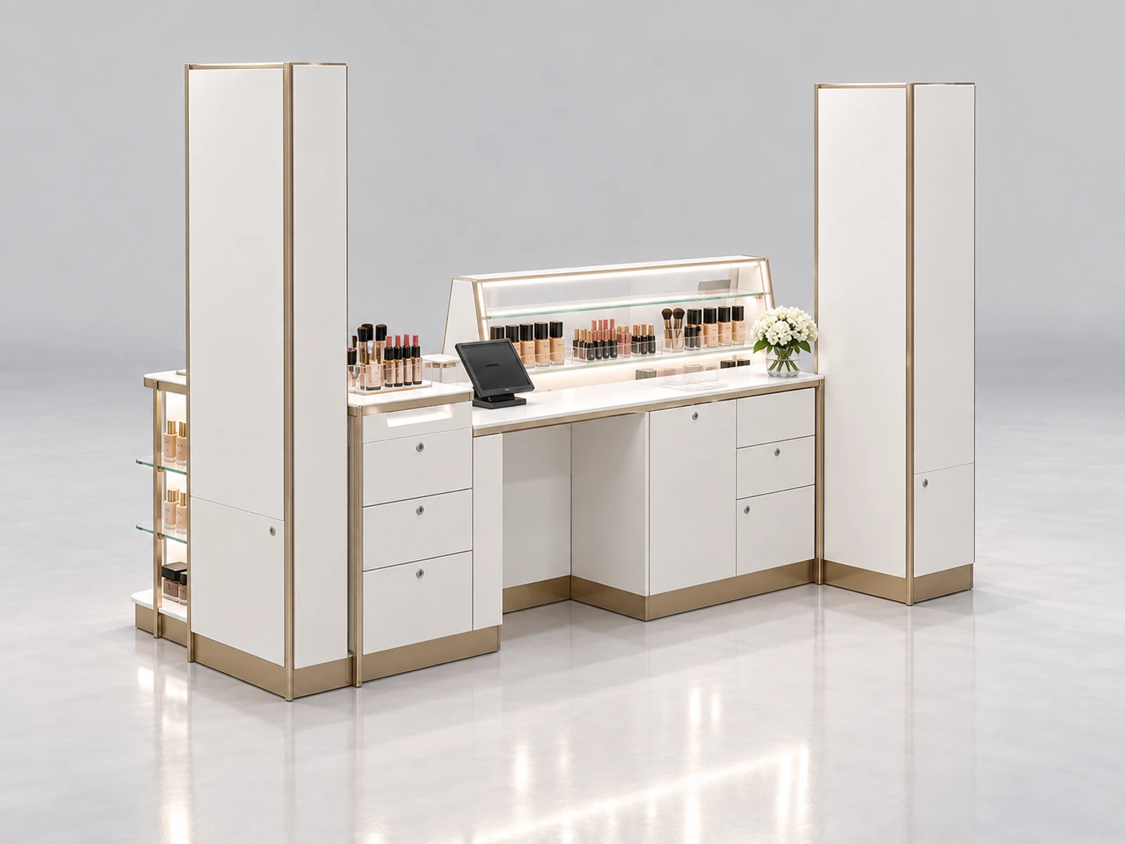 Modern White Makeup Kiosk with Mirror Product Towers opposite angle showing the complete layout