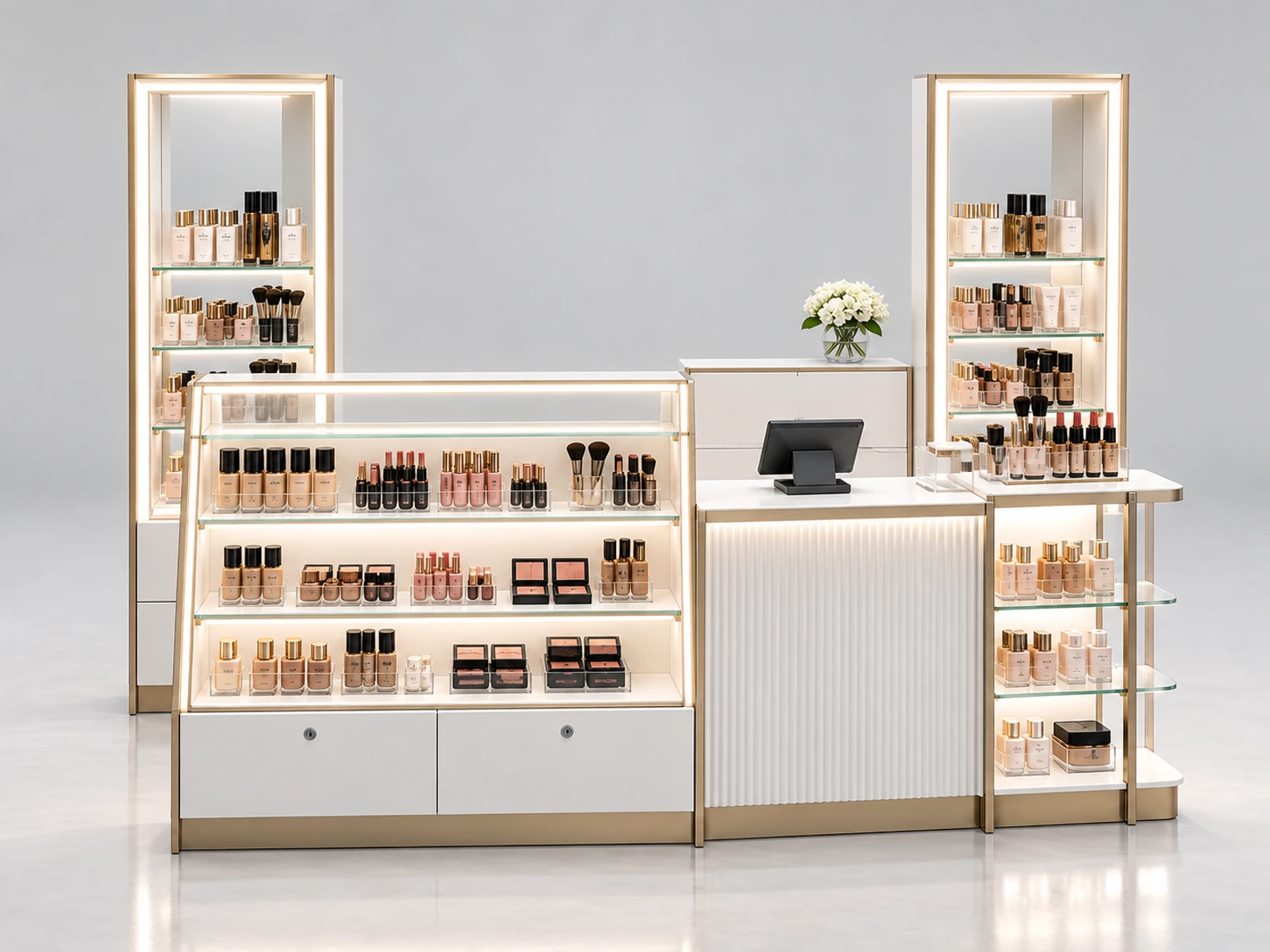 Modern White Makeup Kiosk with Mirror Product Towers customer-facing service and display detail