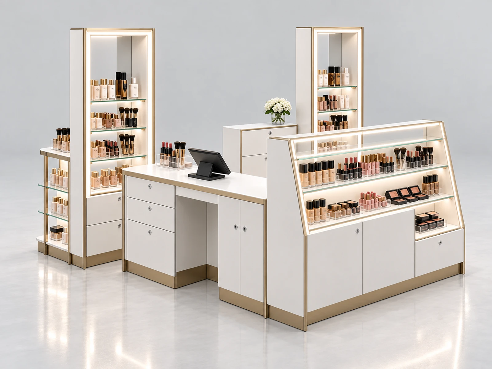 Modern White Makeup Kiosk with Mirror Product Towers staff-side equipment, utilities, and storage view