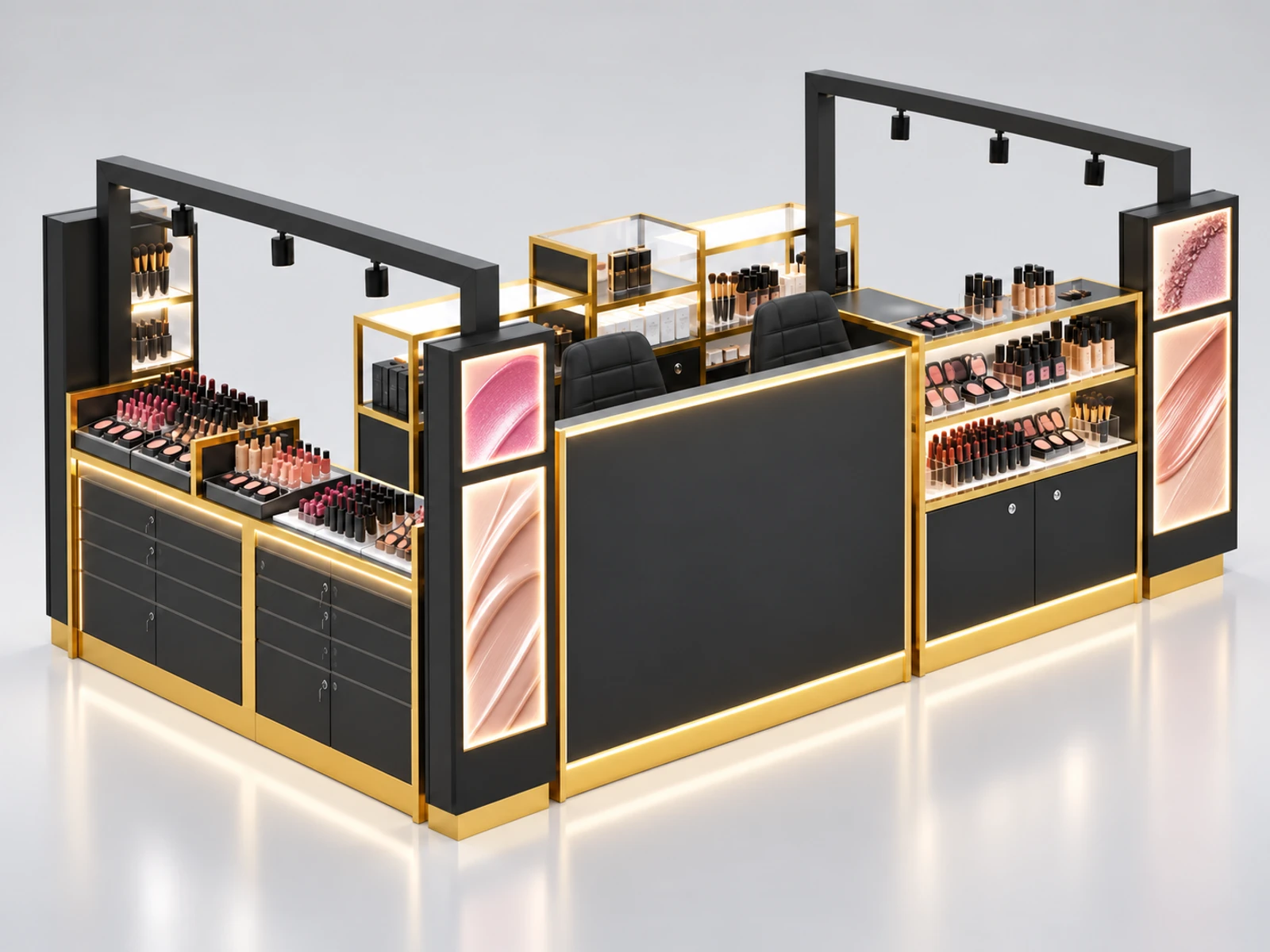 Modular Makeup Display Kiosk with Flexible Product Bays opposite angle showing the complete layout