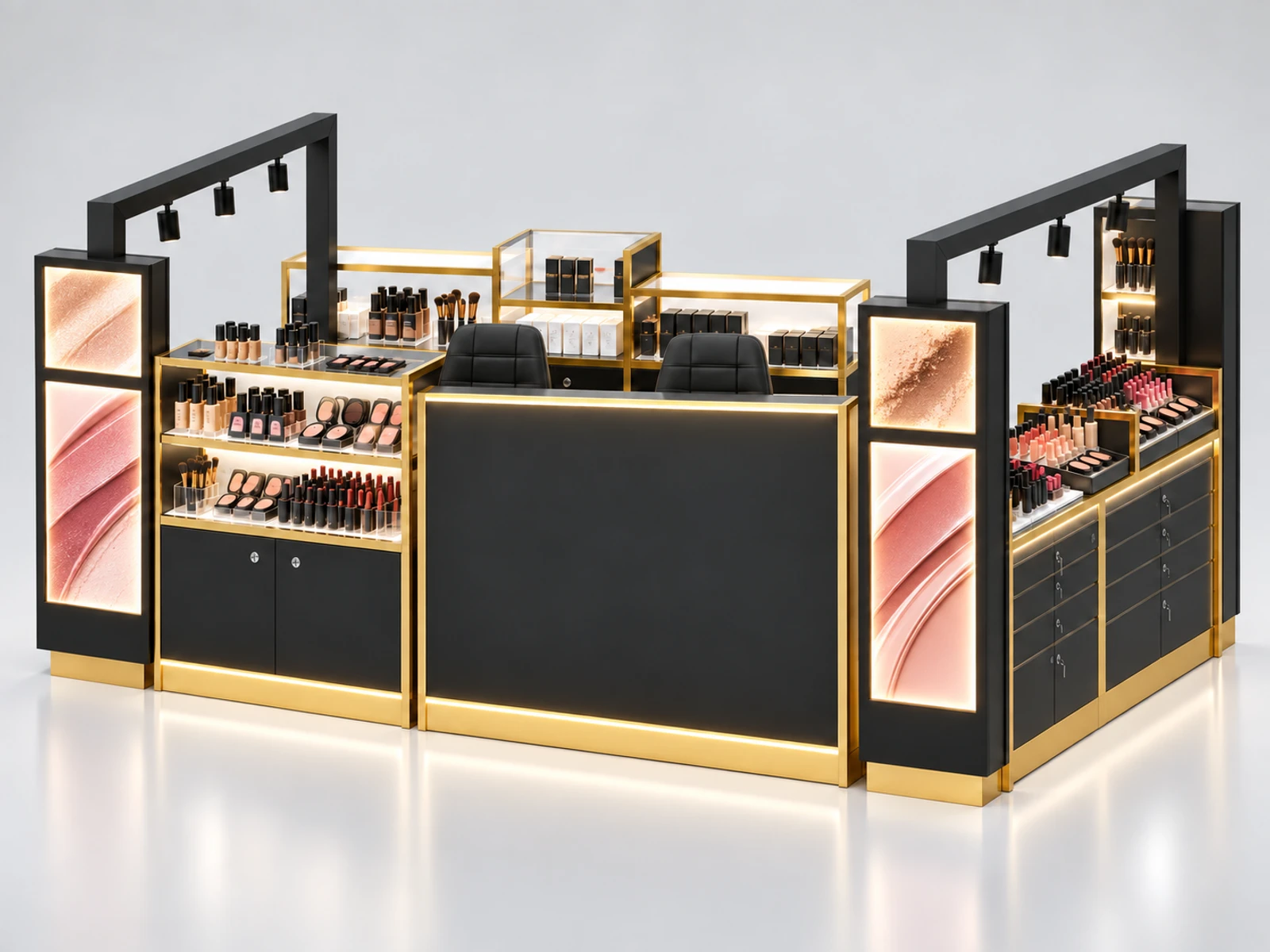 Modular Makeup Display Kiosk with Flexible Product Bays customer-facing service and display detail