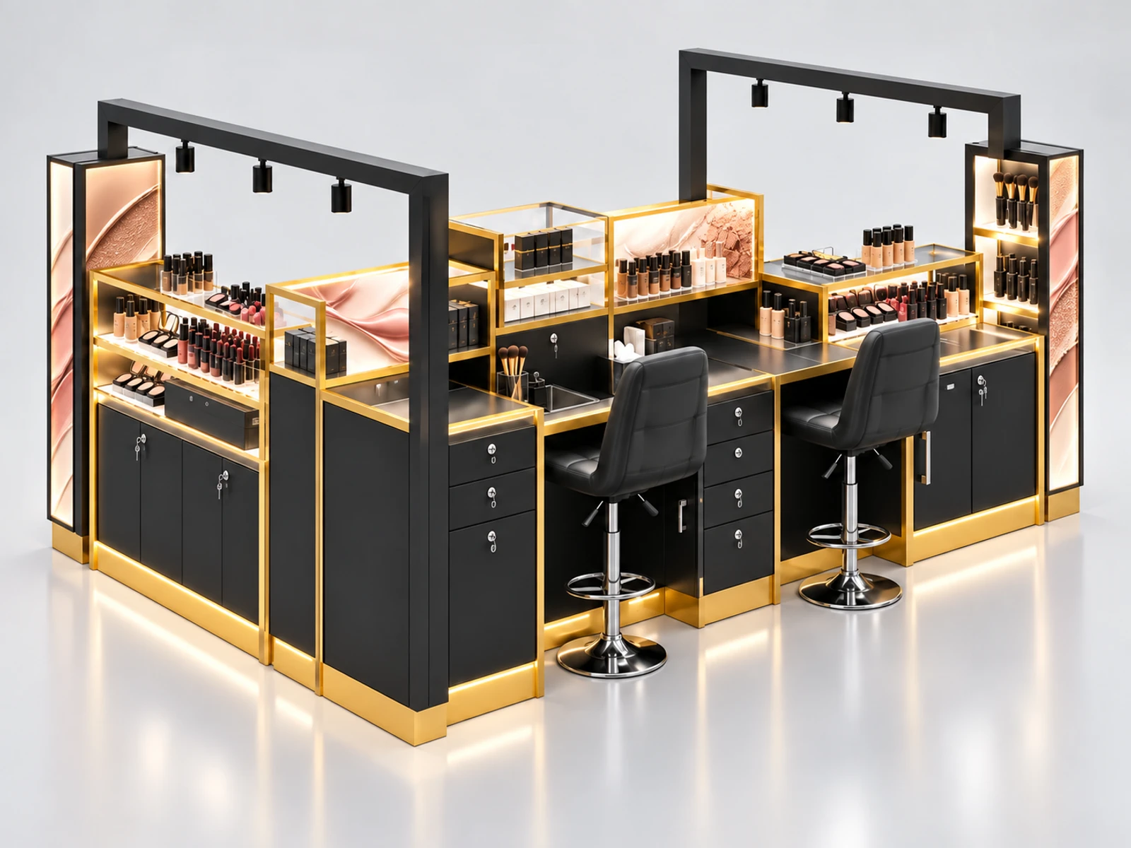 Modular Makeup Display Kiosk with Flexible Product Bays staff-side equipment, utilities, and storage view