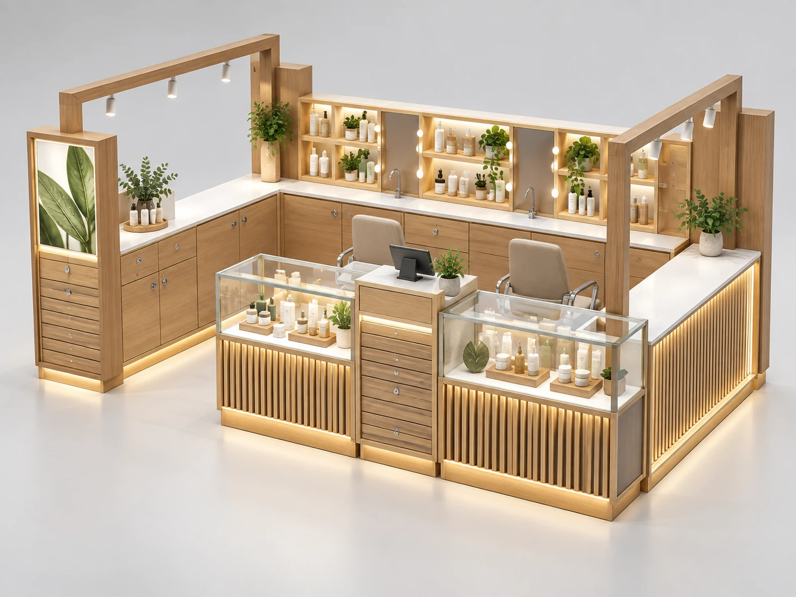 Natural Wood Skincare Kiosk with Clean Beauty Display main three-quarter product view