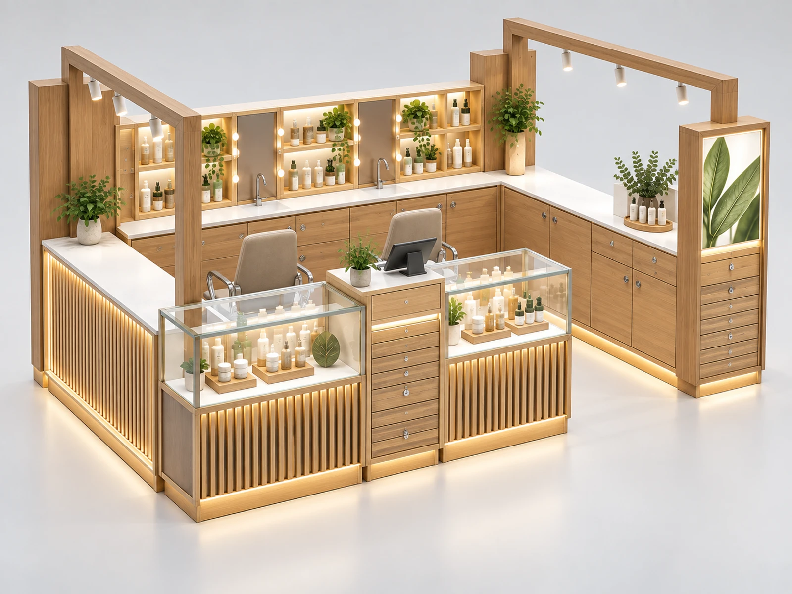 Natural Wood Skincare Kiosk with Clean Beauty Display opposite angle showing the complete layout