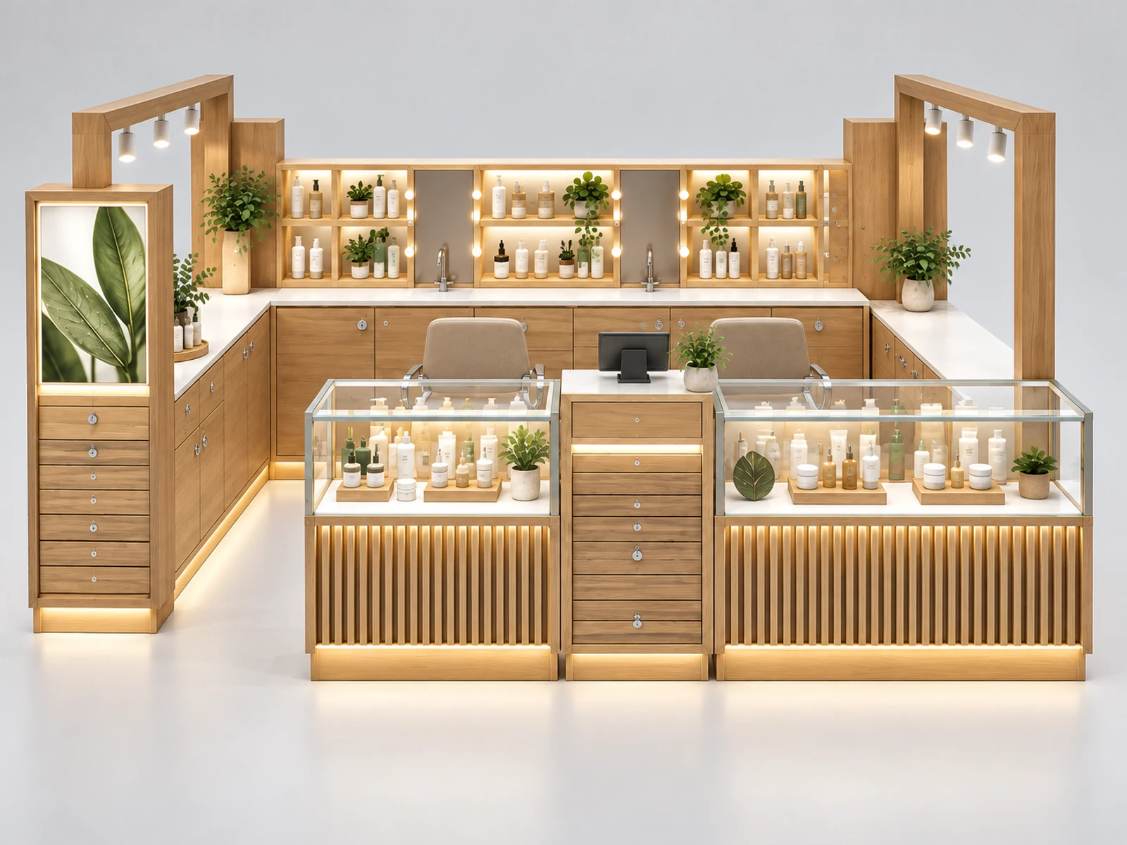 Natural Wood Skincare Kiosk with Clean Beauty Display customer-facing service and display detail