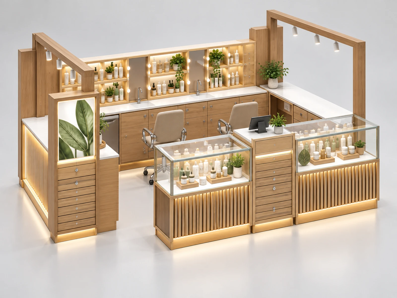 Natural Wood Skincare Kiosk with Clean Beauty Display staff-side equipment, utilities, and storage view