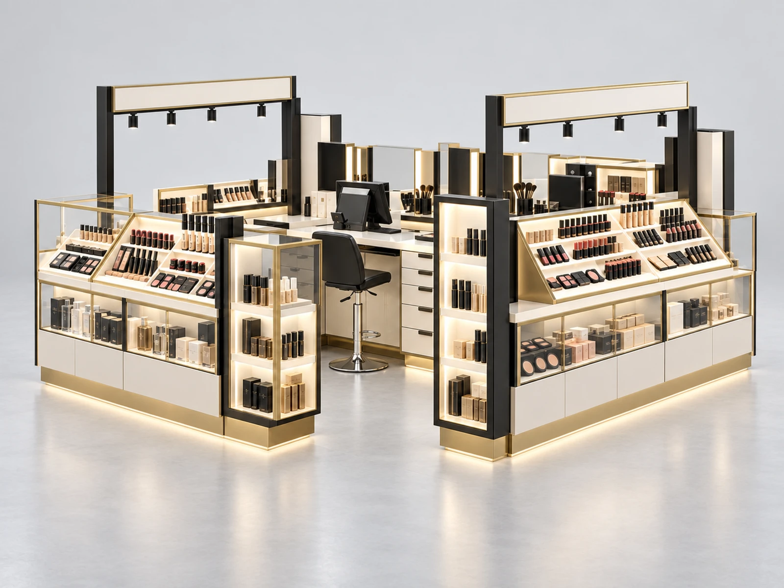 Open Island Makeup Kiosk with Multi-Side Merchandising opposite angle showing the complete layout