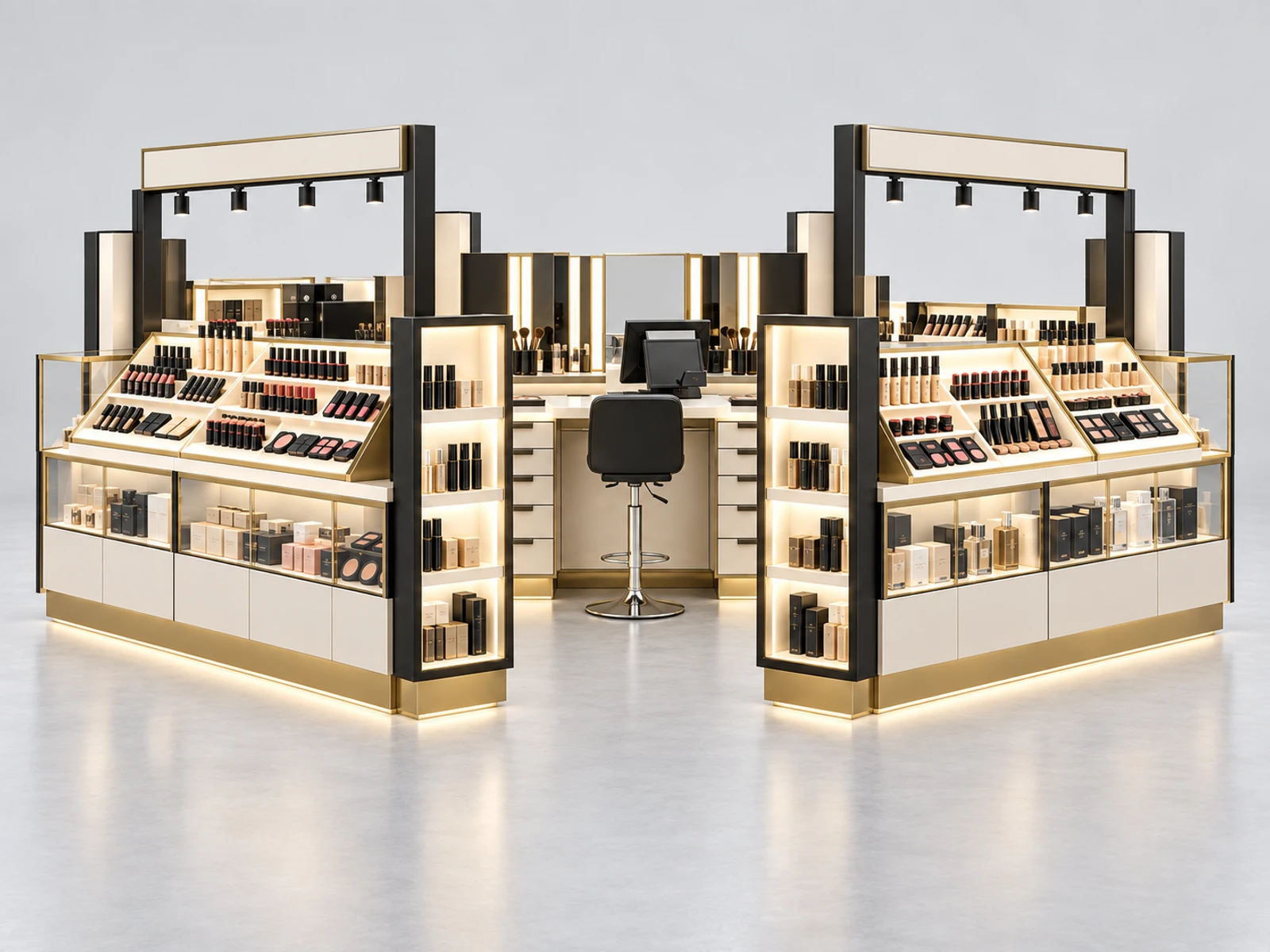 Open Island Makeup Kiosk with Multi-Side Merchandising customer-facing service and display detail