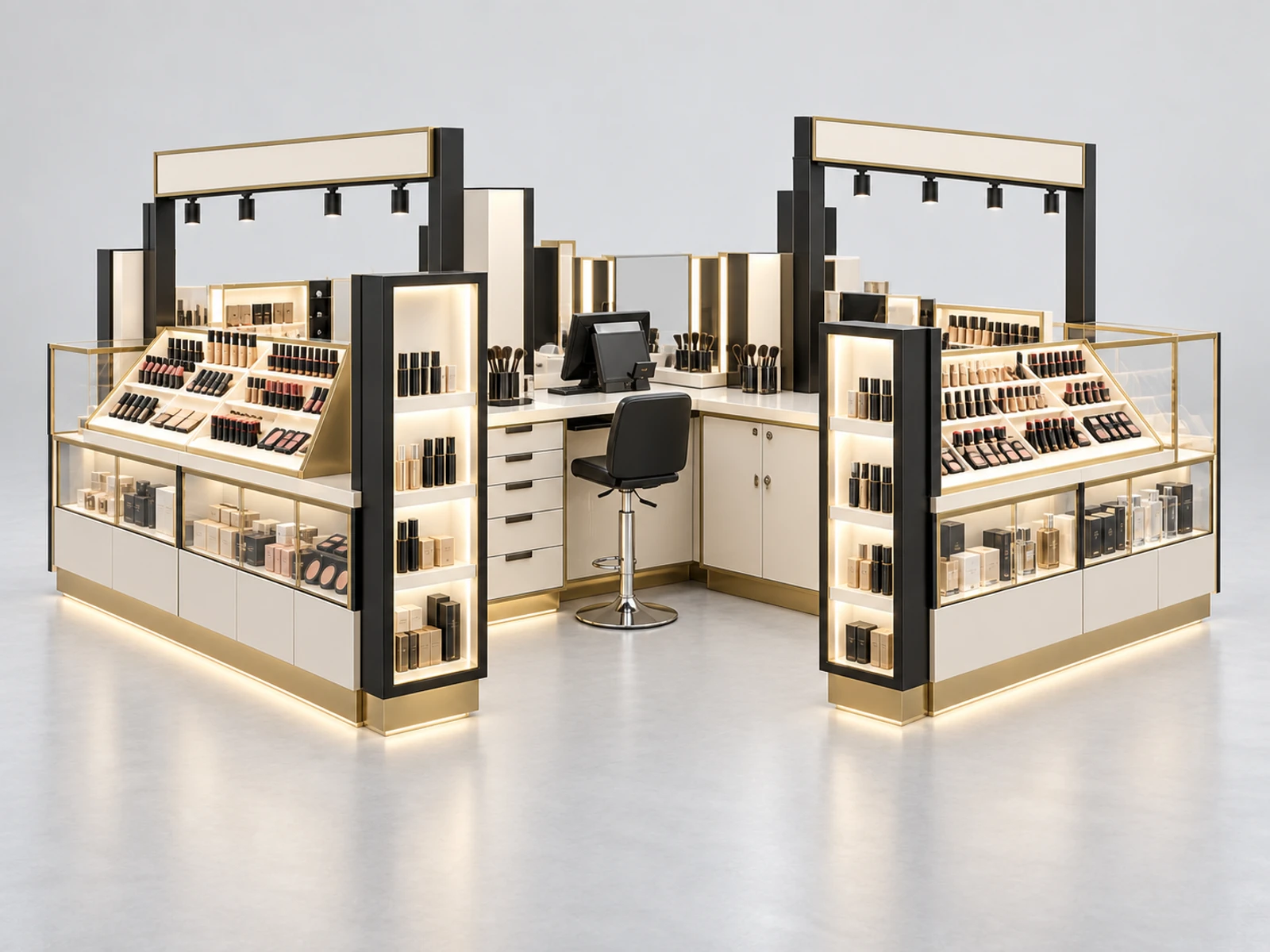 Open Island Makeup Kiosk with Multi-Side Merchandising staff-side equipment, utilities, and storage view