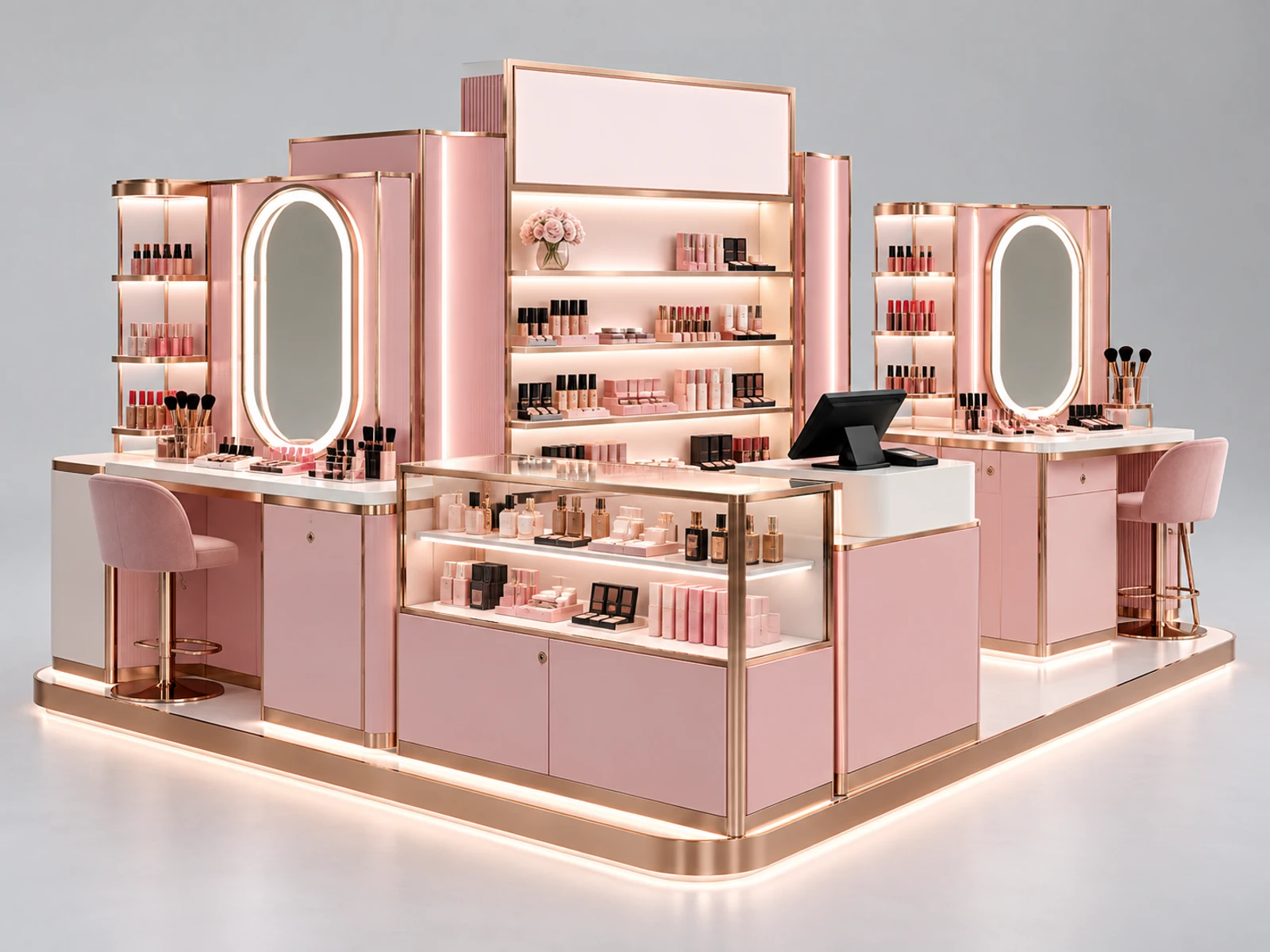 Pink Beauty Retail Kiosk with Makeup Trial Station main three-quarter product view