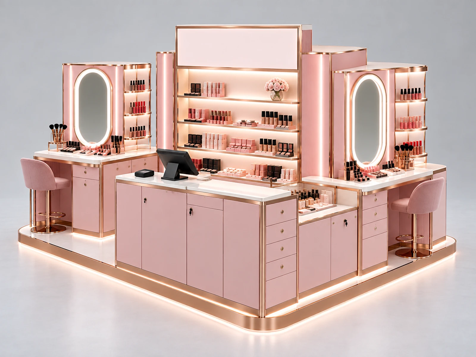 Pink Beauty Retail Kiosk with Makeup Trial Station opposite angle showing the complete layout