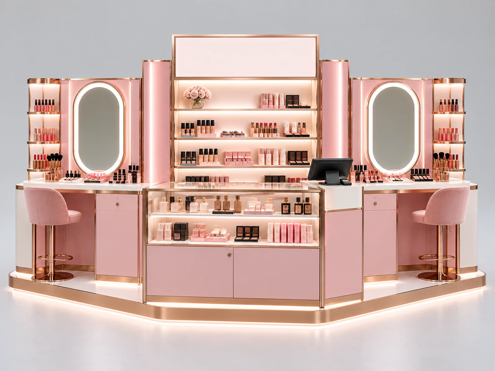 Pink Beauty Retail Kiosk with Makeup Trial Station customer-facing service and display detail