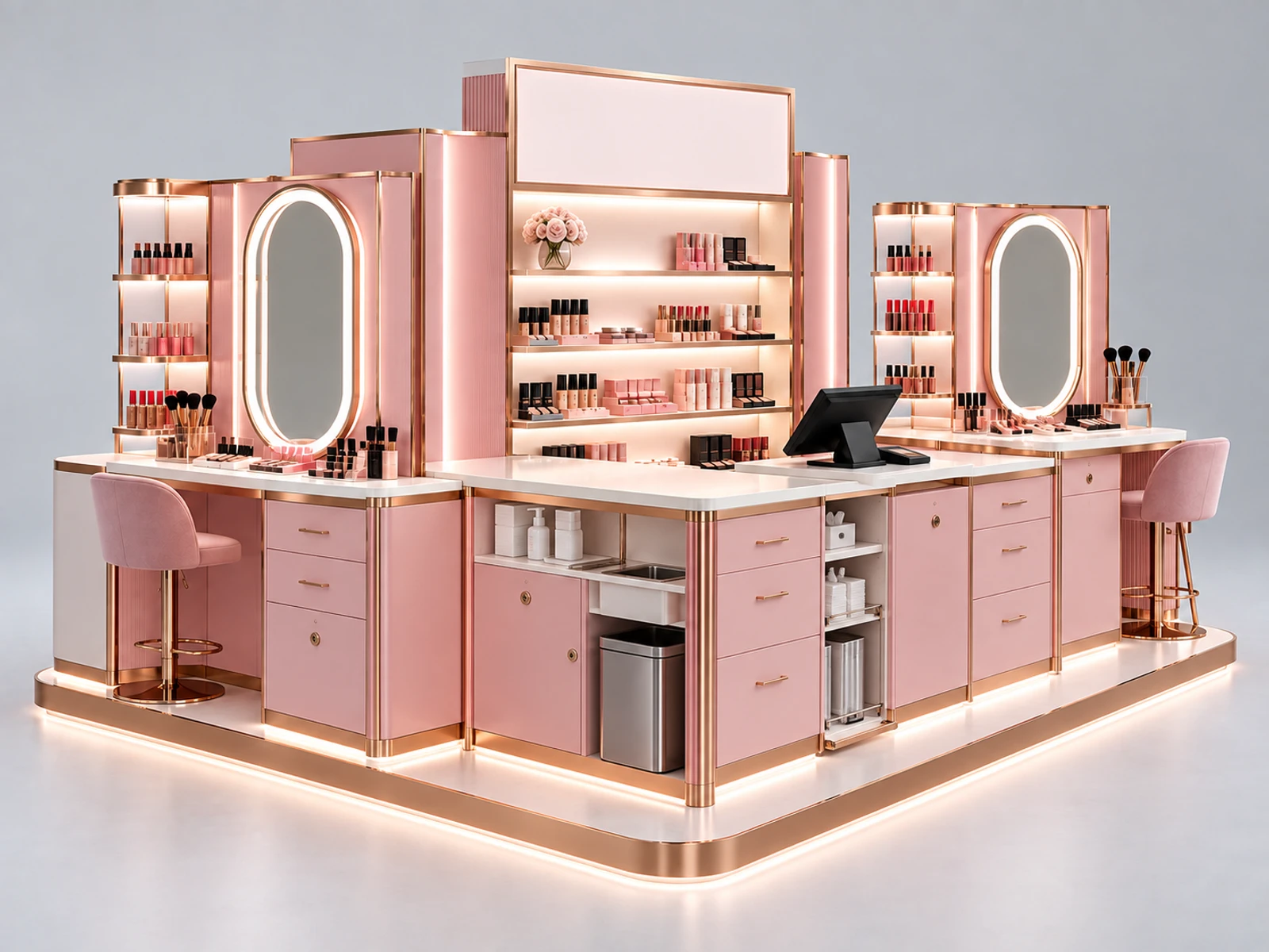 Pink Beauty Retail Kiosk with Makeup Trial Station staff-side equipment, utilities, and storage view
