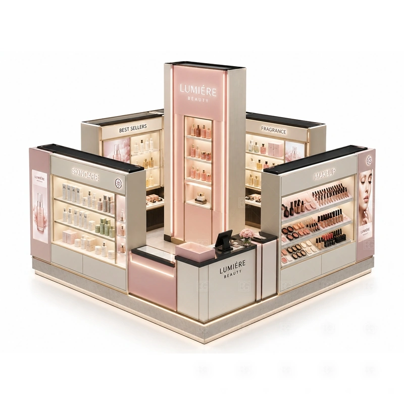 Pink Makeup Kiosk with Product Display Counter with a pink makeup kiosk with softer brand color, product display counters, and a more gift-friendly beauty look shown in the pink makeup kiosk with product display counter product photos