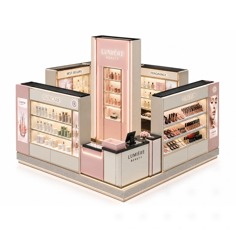 Pink Makeup Kiosk with Product Display Counter layout showing pink and cream makeup kiosk layout with corner counters, shelf towers, and staff-side storage shown in the pink makeup kiosk with product display counter product photos, with customer browsing, staff service, and checkout kept easy to understand