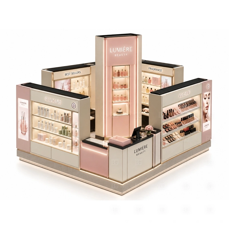 Pink Makeup Kiosk with Product Display Counter display detail for makeup tester counter, product display shelves, and glass showcase areas planned for makeup, skincare, fragrance, testers, gift sets, and beauty accessories