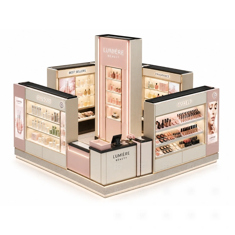 Pink Makeup Kiosk with Product Display Counter tester counter detail for makeup tester surfaces, mirror points, and color-swatch browsing space close to the display counter; the kiosk can also support sales counter, consultation surface, product packing area, and lockable storage