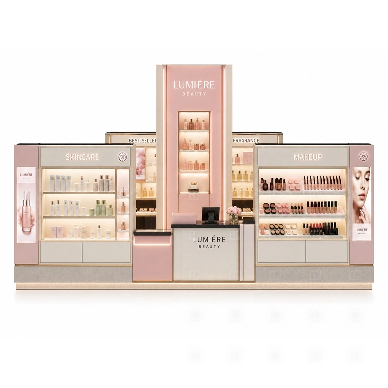 Pink Makeup Kiosk with Product Display Counter lighting and signage detail for pink logo tower and coordinated beauty brand graphics coordinated with brand colors, fascia panels, front graphics, and mall visibility needs