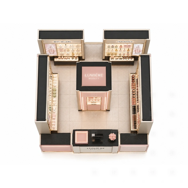 Pink Makeup Kiosk with Product Display Counter storage detail for lockable drawers, sample storage, product stock cabinets, cable access, and staff-side packing space planned for pink makeup kiosk with product display counter