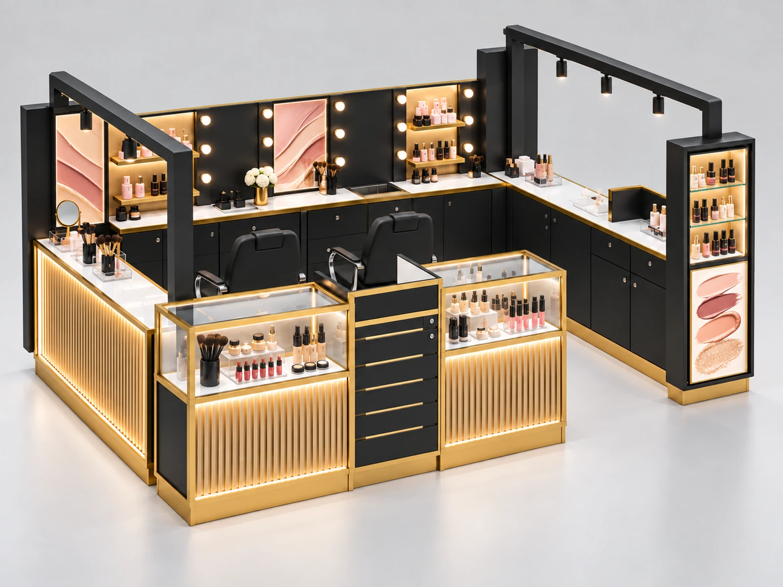 Portable Beauty Pop-Up Kiosk with Secure Closing Panels opposite angle showing the complete layout