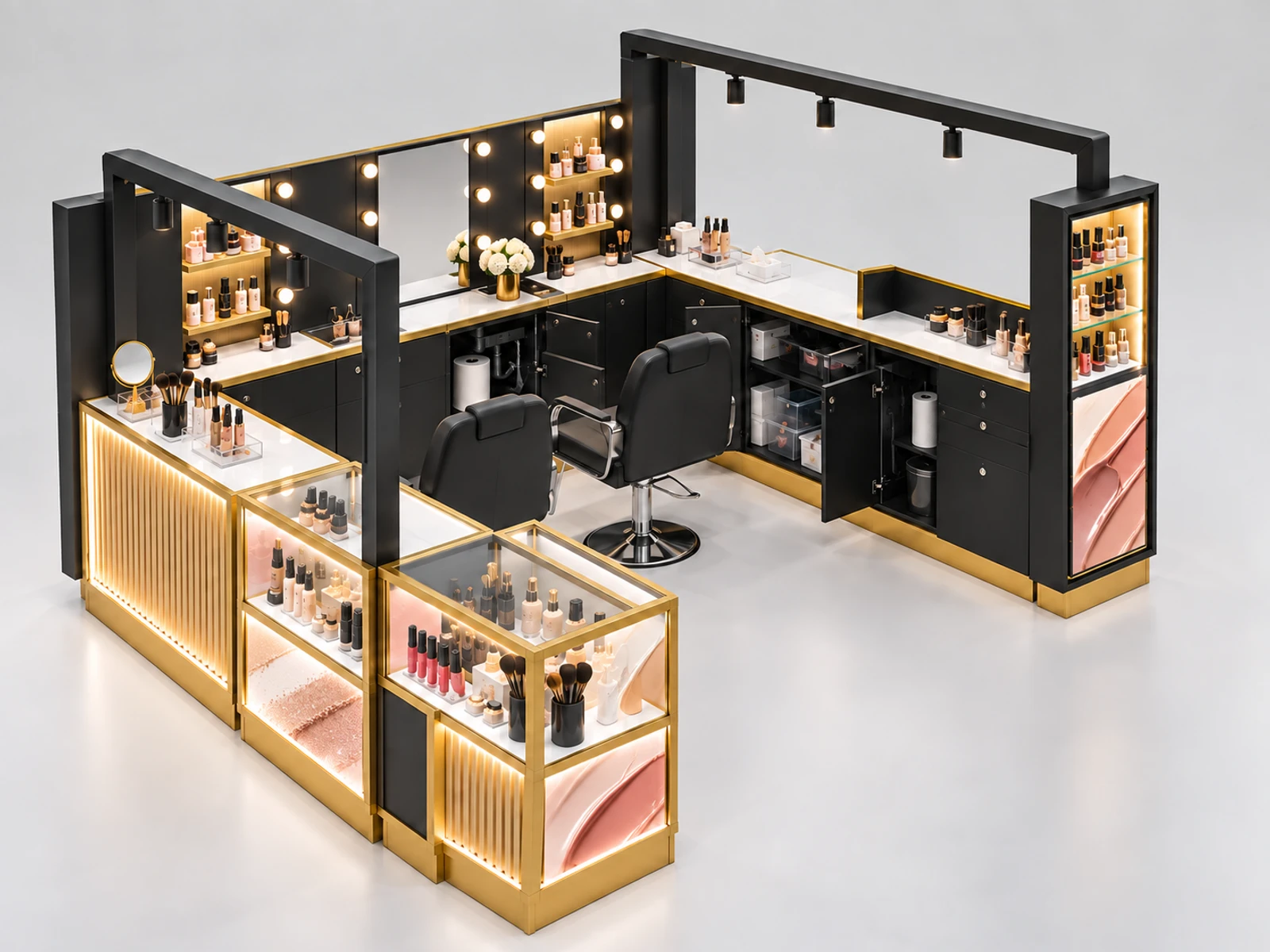 Portable Beauty Pop-Up Kiosk with Secure Closing Panels staff-side equipment, utilities, and storage view