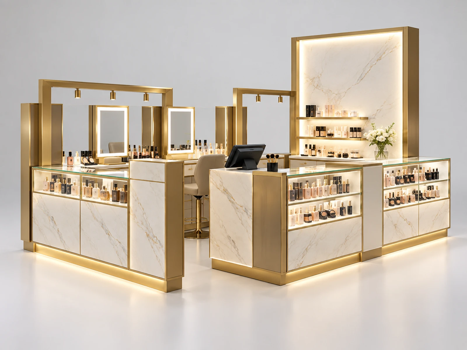 Premium Marble Cosmetic Kiosk with Backlit Brand Wall main three-quarter product view