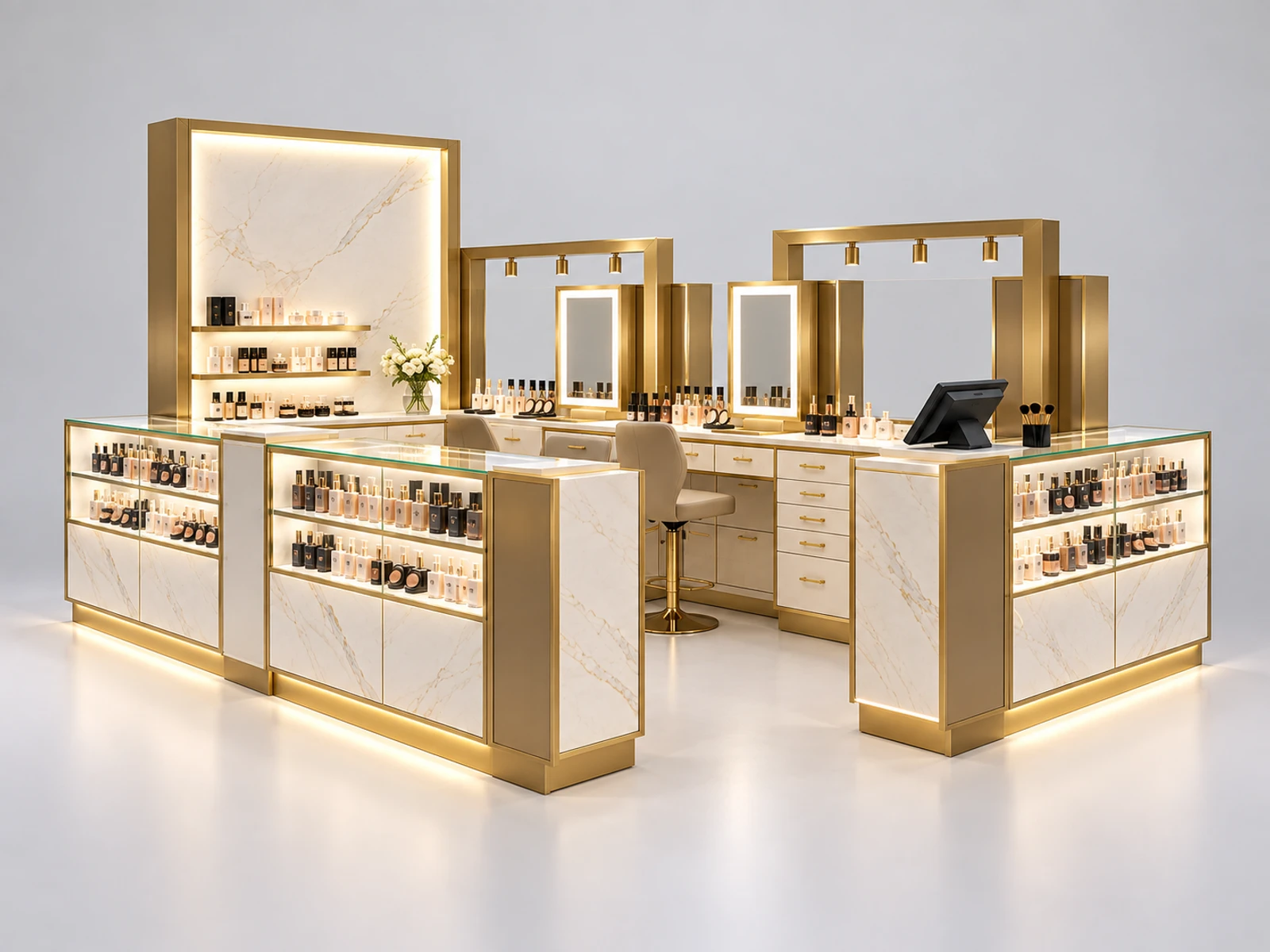 Premium Marble Cosmetic Kiosk with Backlit Brand Wall opposite angle showing the complete layout