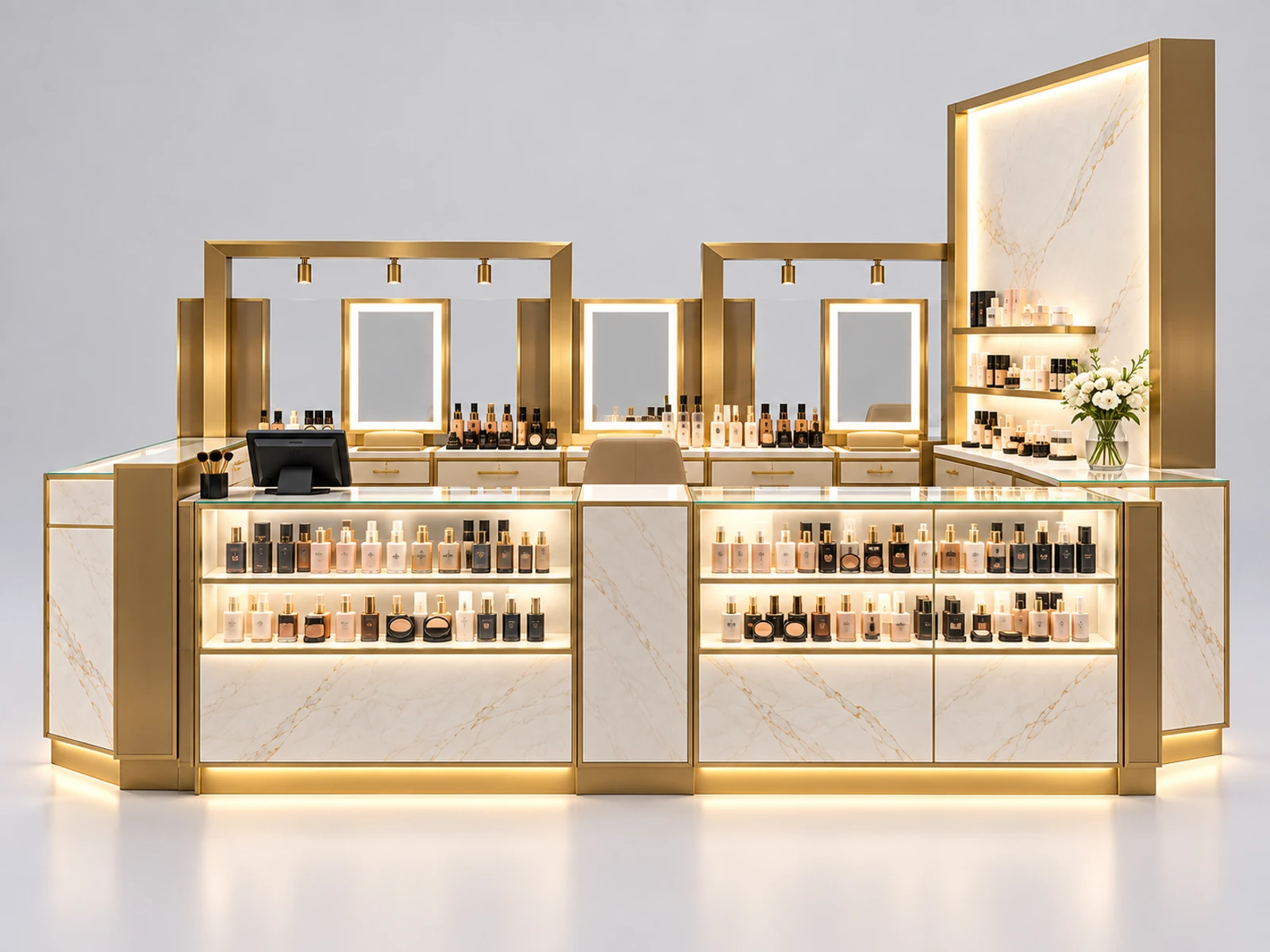 Premium Marble Cosmetic Kiosk with Backlit Brand Wall customer-facing service and display detail