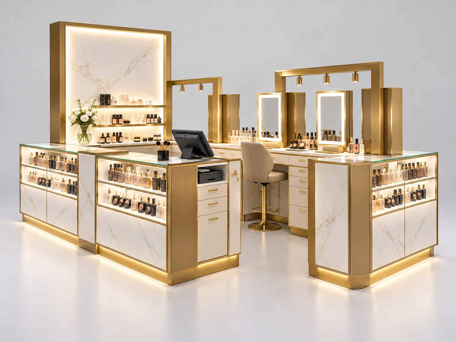 Premium Marble Cosmetic Kiosk with Backlit Brand Wall staff-side equipment, utilities, and storage view
