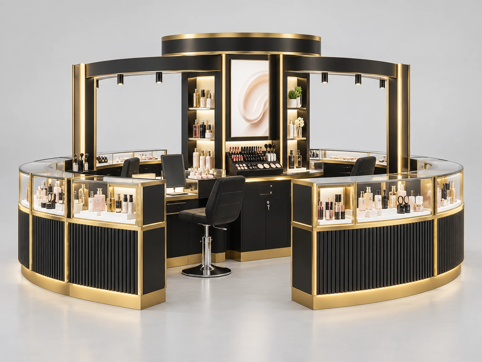 Round Beauty Product Kiosk with Central Logo Tower main three-quarter product view