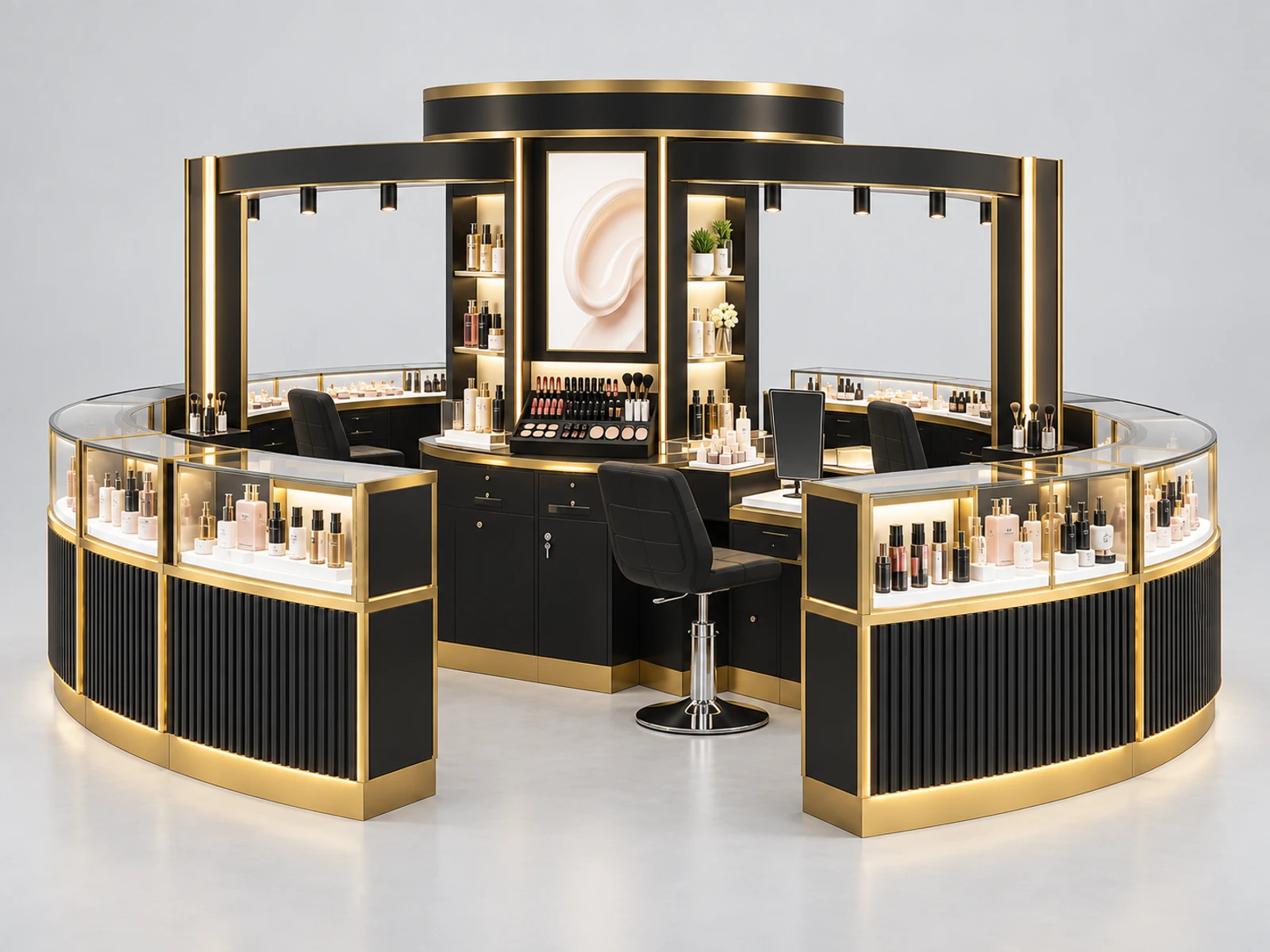 Round Beauty Product Kiosk with Central Logo Tower opposite angle showing the complete layout