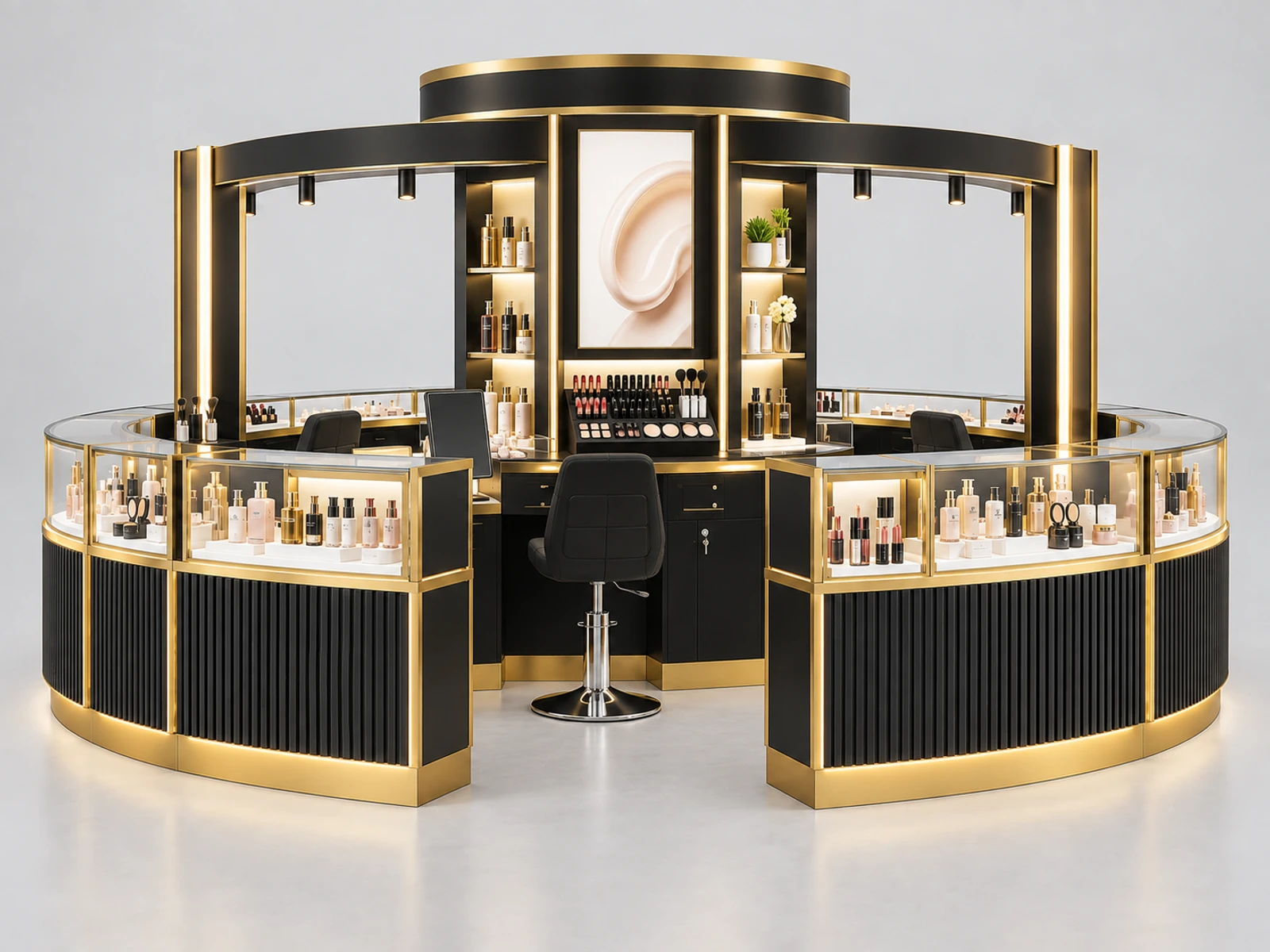 Round Beauty Product Kiosk with Central Logo Tower customer-facing service and display detail