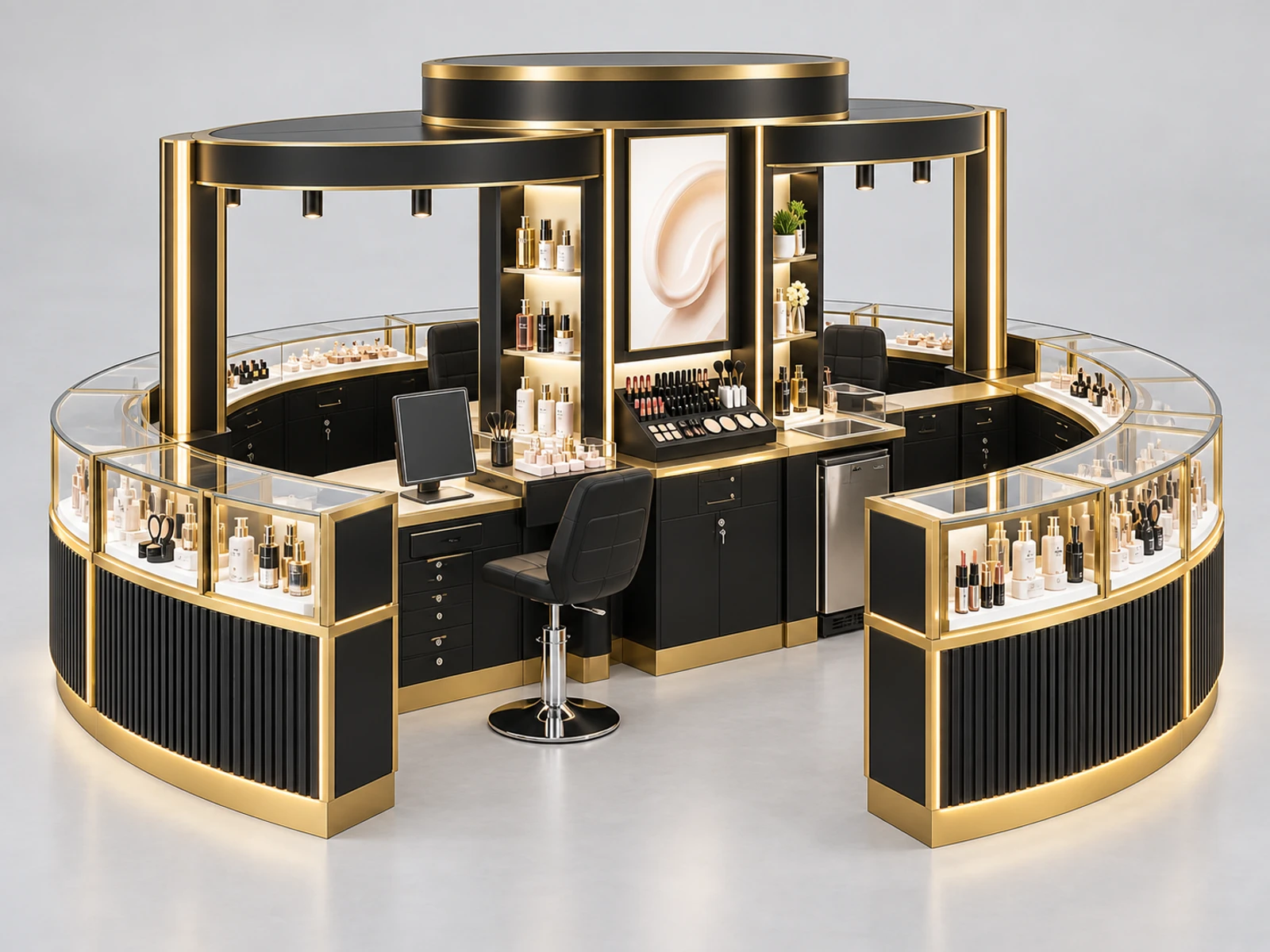 Round Beauty Product Kiosk with Central Logo Tower staff-side equipment, utilities, and storage view