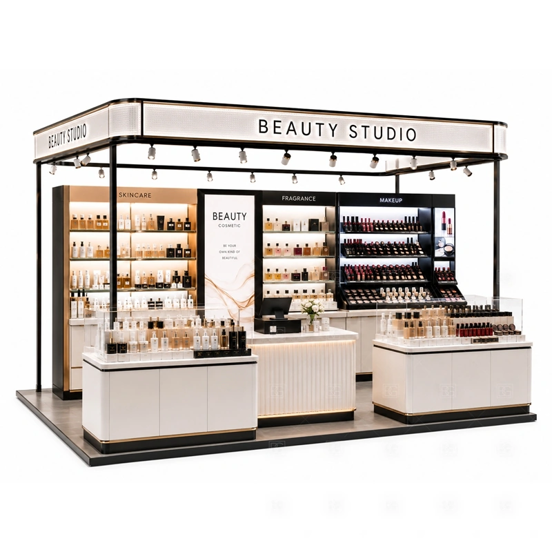 Shopping Mall Beauty Kiosk with Glass Showcase with a shopping-mall beauty kiosk with glass showcase display, clear walkway visibility, and approval-ready layout planning shown in the shopping mall beauty kiosk with glass showcase product photos