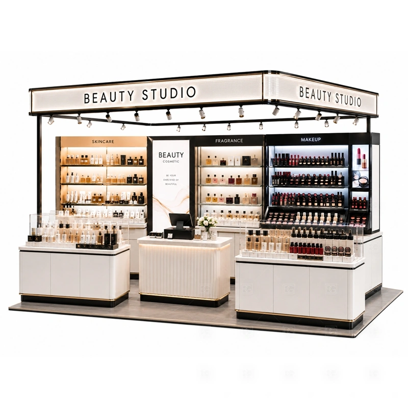 Shopping Mall Beauty Kiosk with Glass Showcase layout showing large beauty kiosk layout with glass counters, rear display shelves, and customer browsing aisles shown in the shopping mall beauty kiosk with glass showcase product photos, with customer browsing, staff service, and checkout kept easy to understand