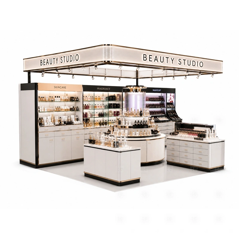 Shopping Mall Beauty Kiosk with Glass Showcase display detail for glass showcase counters, makeup shelves, skincare wall displays, and illuminated product zones planned for makeup, skincare, fragrance, testers, gift sets, and beauty accessories