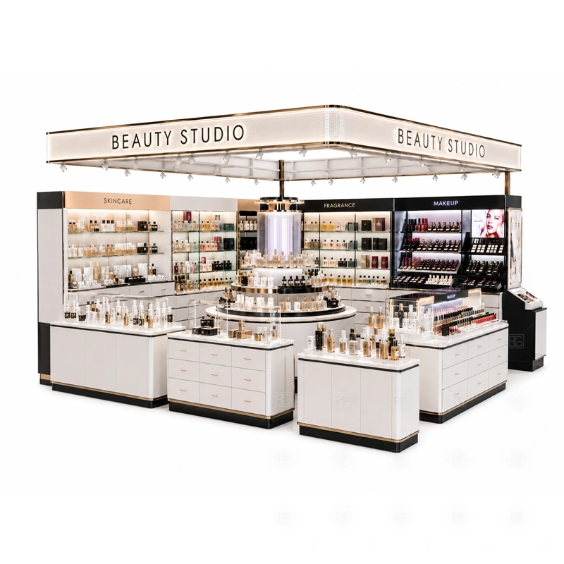 Shopping Mall Beauty Kiosk with Glass Showcase tester counter detail for tester and consultation points placed near glass showcases so staff can support browsing without blocking traffic; the kiosk can also support tester counter, cashier counter, consultation space, and stock storage cabinets