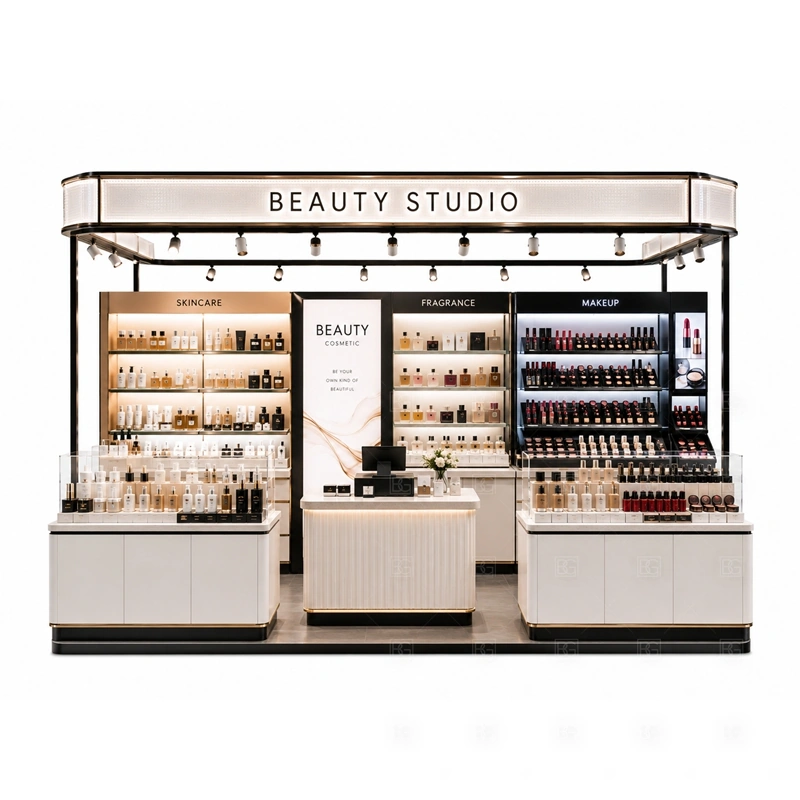 Shopping Mall Beauty Kiosk with Glass Showcase lighting and signage detail for beauty studio fascia signage with illuminated logo and product category panels coordinated with brand colors, fascia panels, front graphics, and mall visibility needs