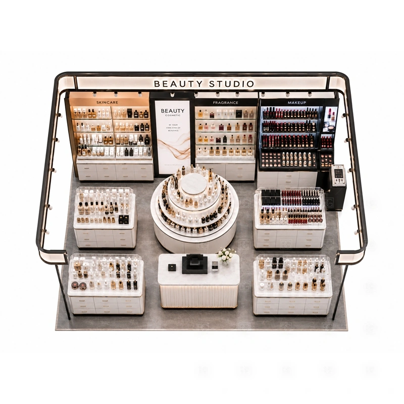 Shopping Mall Beauty Kiosk with Glass Showcase storage detail for lockable drawers, sample storage, product stock cabinets, cable access, and staff-side packing space planned for shopping mall beauty kiosk with glass showcase
