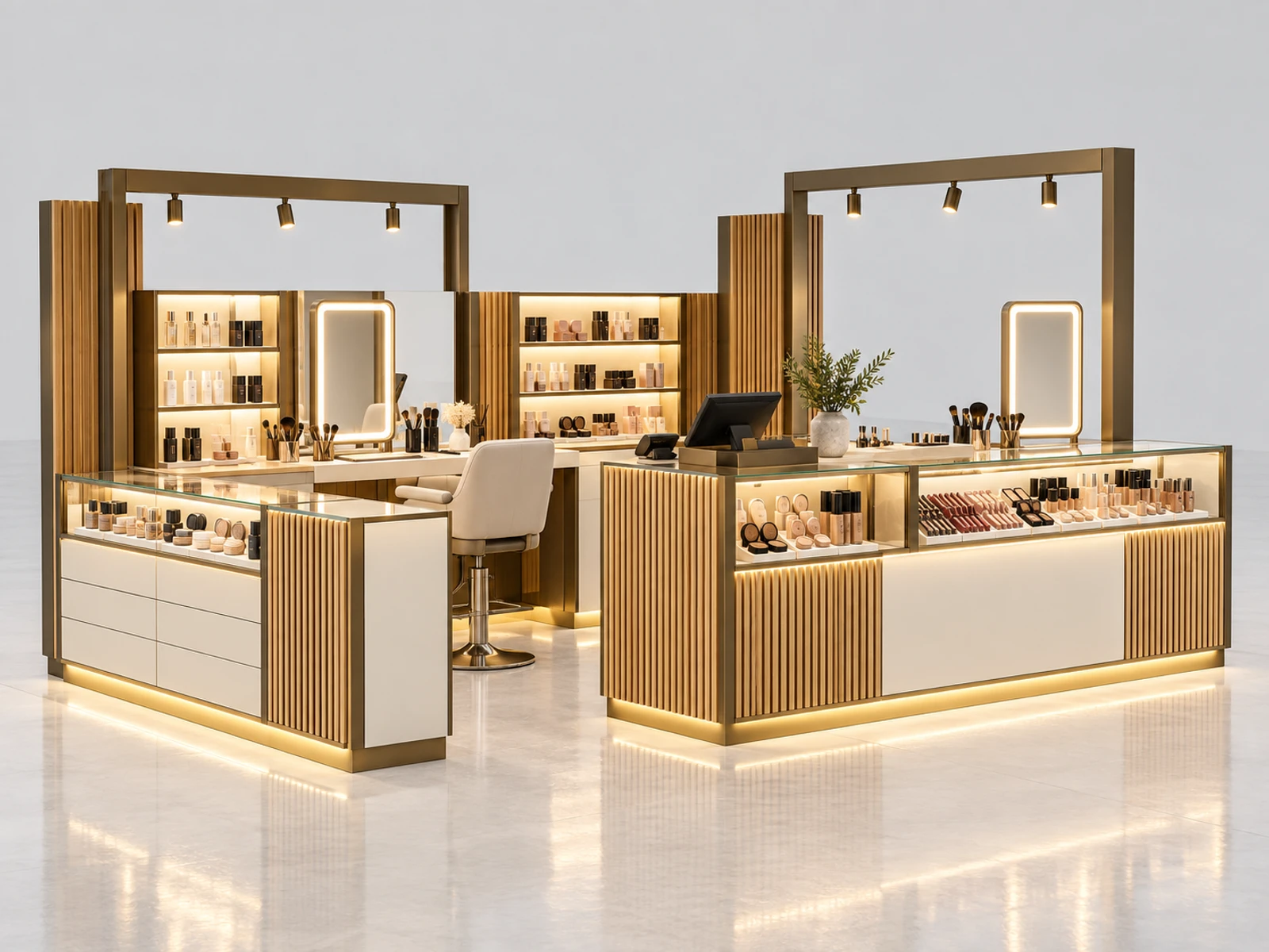 Wood Accent Makeup Kiosk with Warm Display Lighting main three-quarter product view