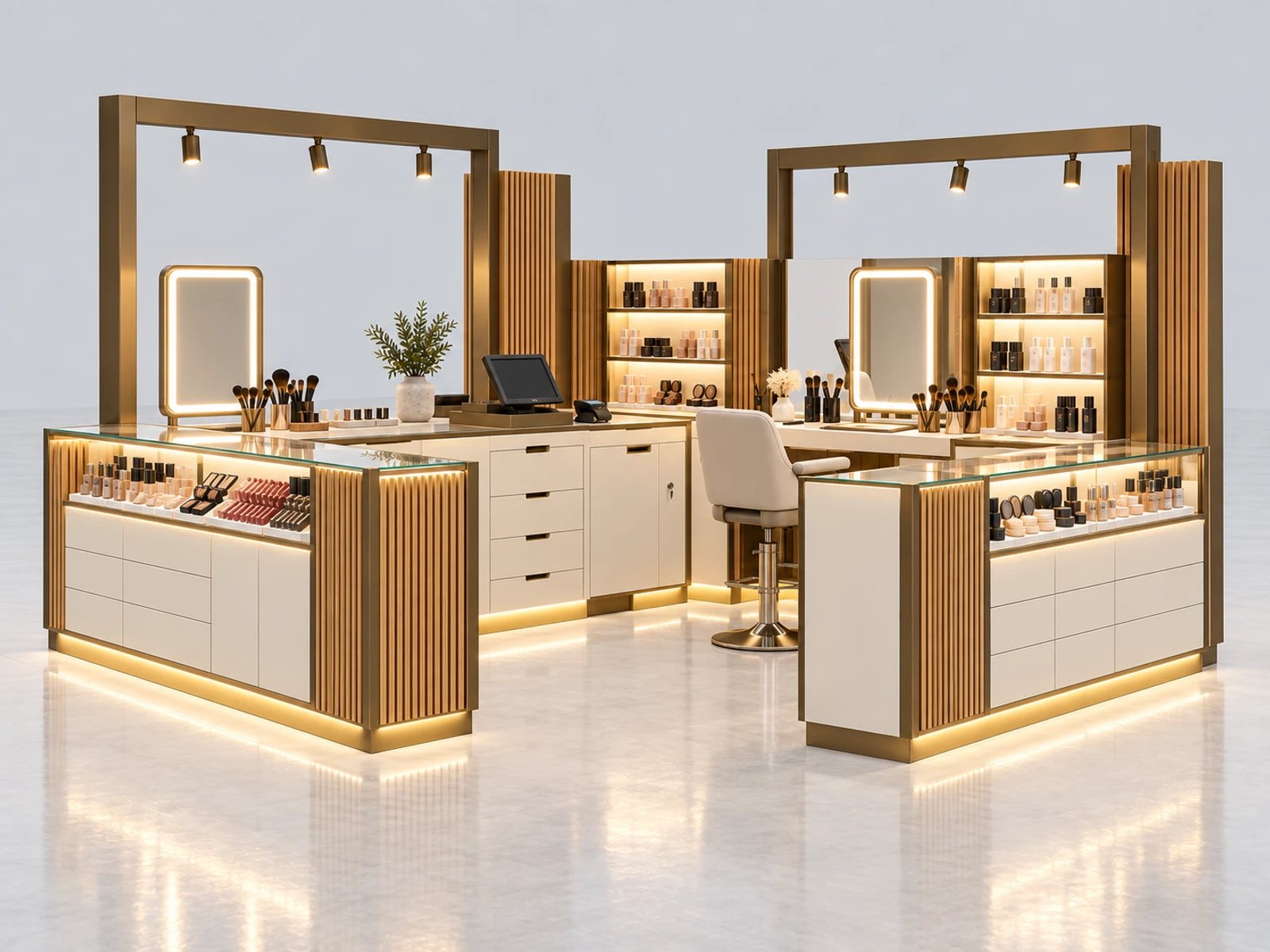Wood Accent Makeup Kiosk with Warm Display Lighting opposite angle showing the complete layout