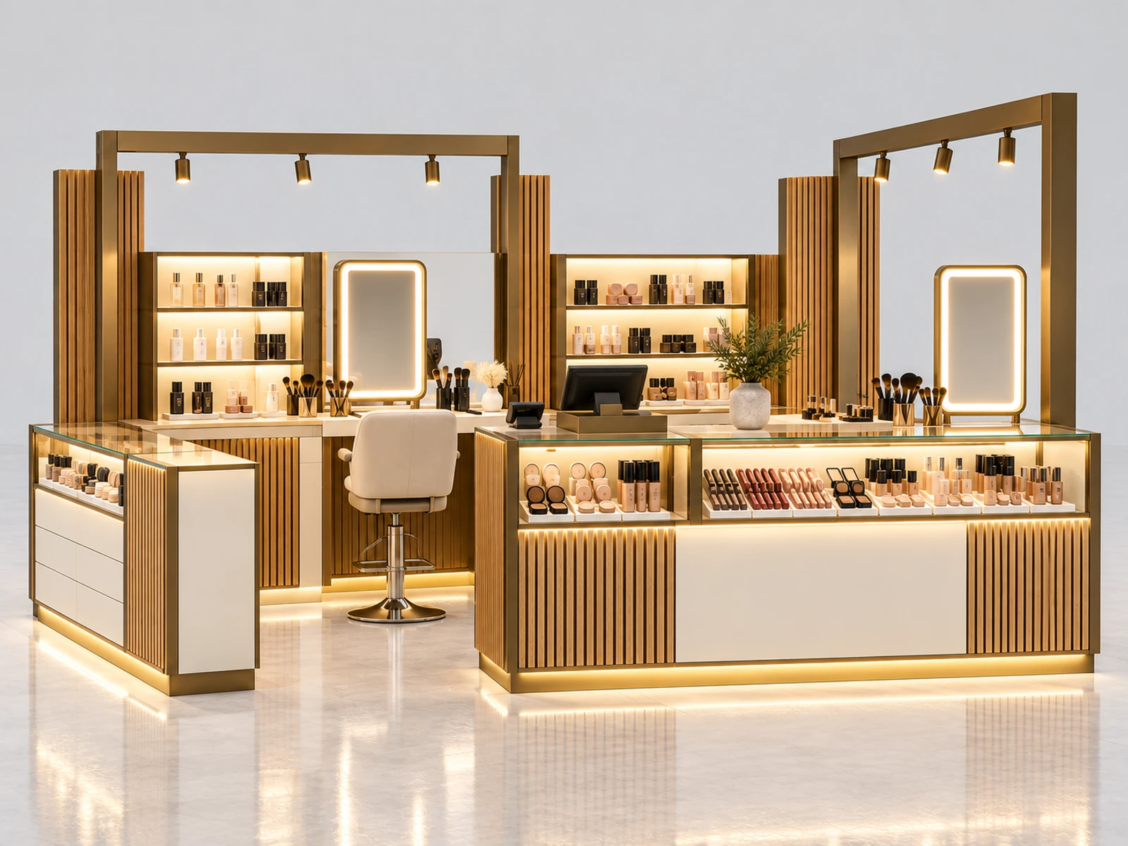 Wood Accent Makeup Kiosk with Warm Display Lighting customer-facing service and display detail