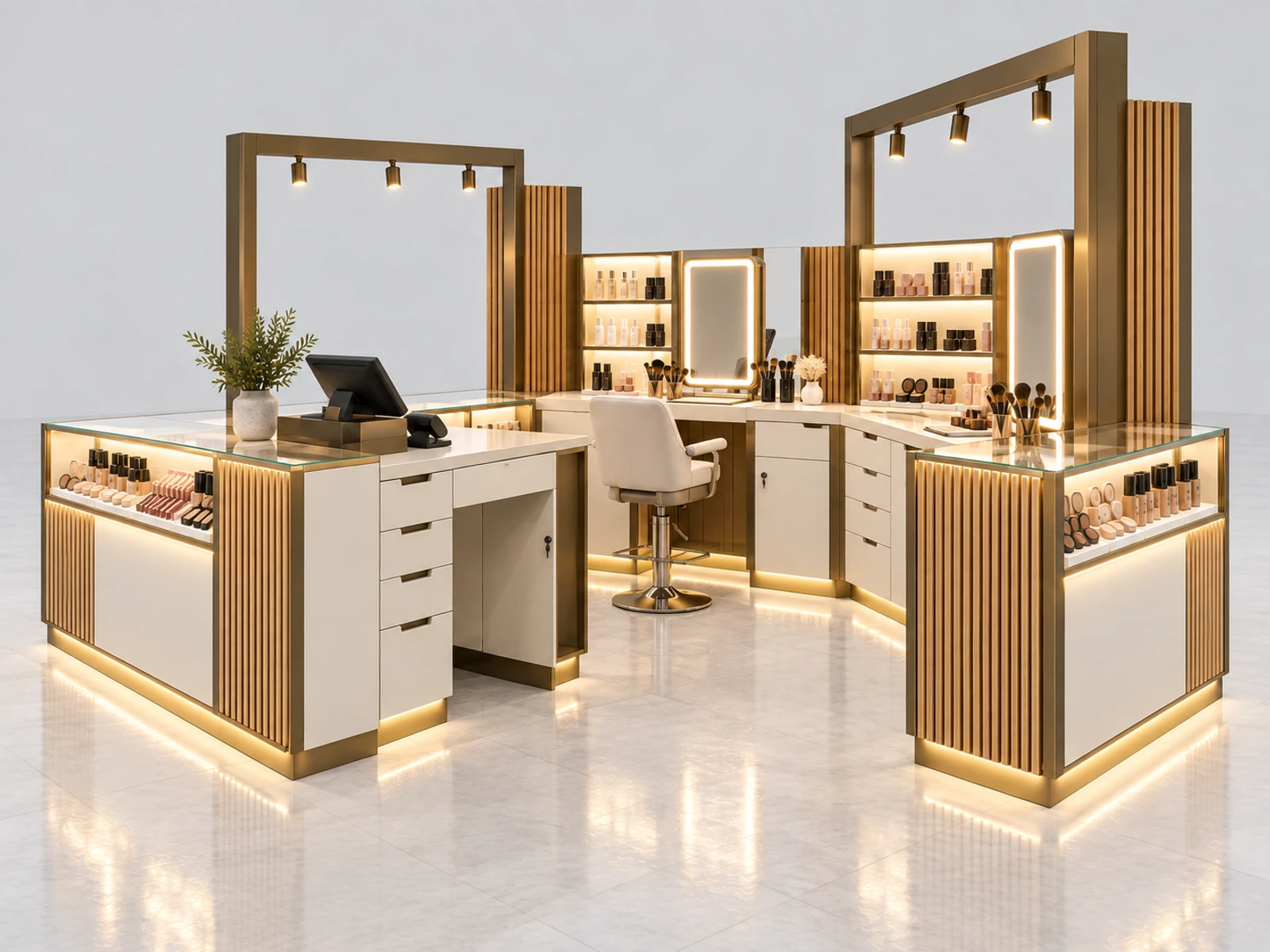 Wood Accent Makeup Kiosk with Warm Display Lighting staff-side equipment, utilities, and storage view