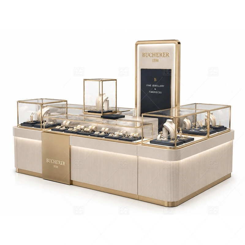 Beige Gold Jewelry Kiosk with Tall Logo with warm gold accents for a premium jewelry presentation shown in the beige gold jewelry kiosk with tall logo product photos, with tall signage planning for long-distance mall visibility