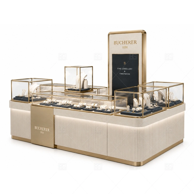 Beige Gold Jewelry Kiosk with Tall Logo layout showing tall signage planning for long-distance mall visibility shown in the beige gold jewelry kiosk with tall logo product photos, with premium retail traffic where lighting, glass clarity, and brand finish affect purchase confidence