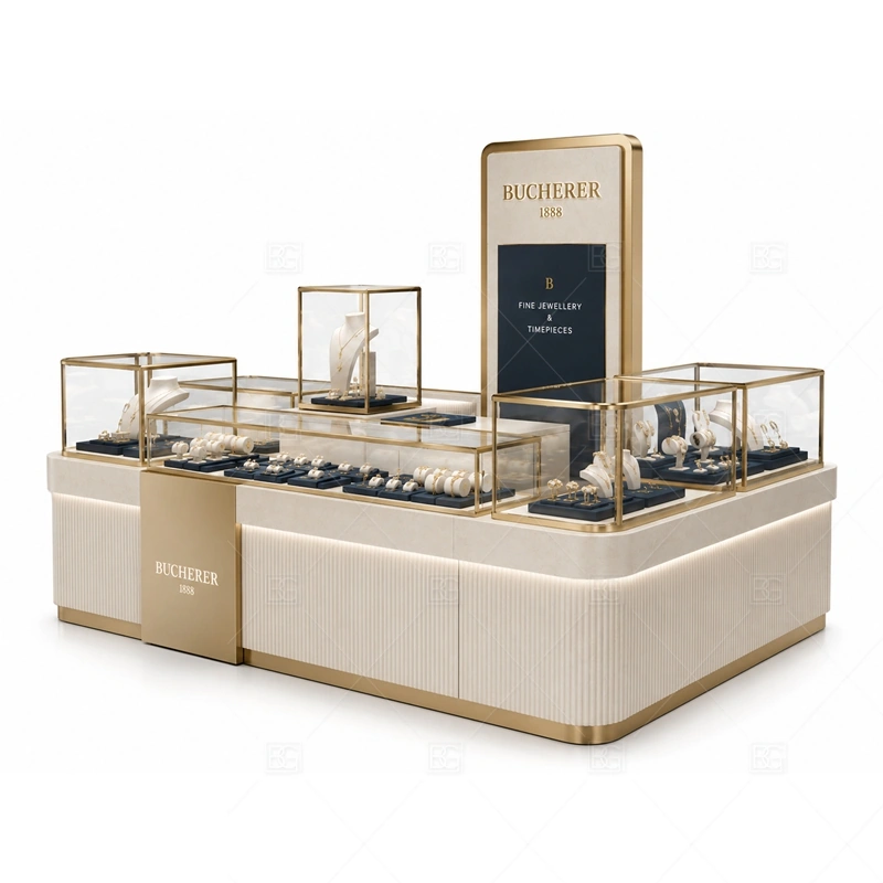 Beige Gold Jewelry Kiosk with Tall Logo display detail for glass showcases and customer-facing jewelry display zones planned for rings, necklaces, watches, bracelets, gift sets, and small accessories in the beige gold jewelry kiosk with tall logo layout