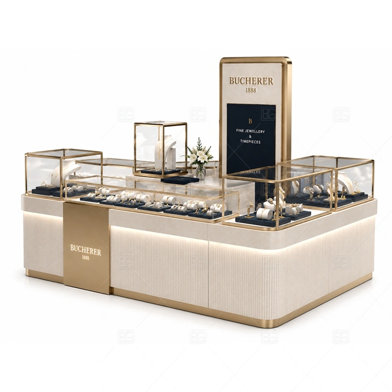 Beige Gold Jewelry Kiosk with Tall Logo branding detail for logo sign and front brand panels coordinated with warm gold accents for a premium jewelry presentation for the beige gold jewelry kiosk with tall logo front presentation