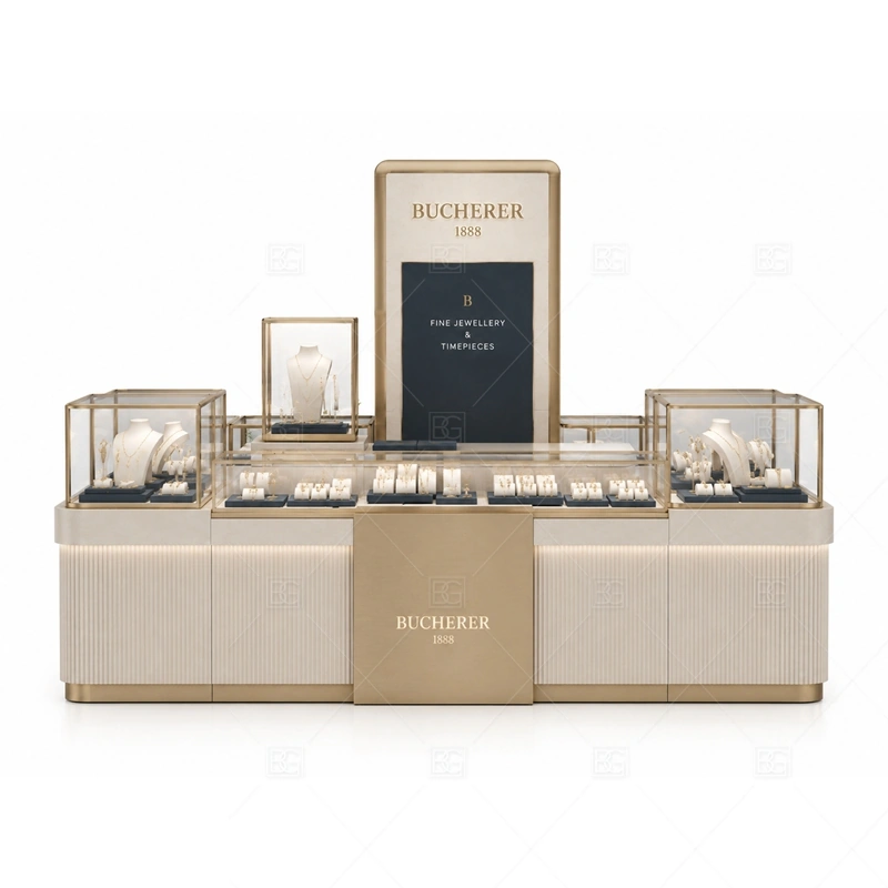 Beige Gold Jewelry Kiosk with Tall Logo storage detail for under-counter tray drawers, lockable stock cabinets, POS space, and packaging storage planned for beige gold jewelry kiosk with tall logo